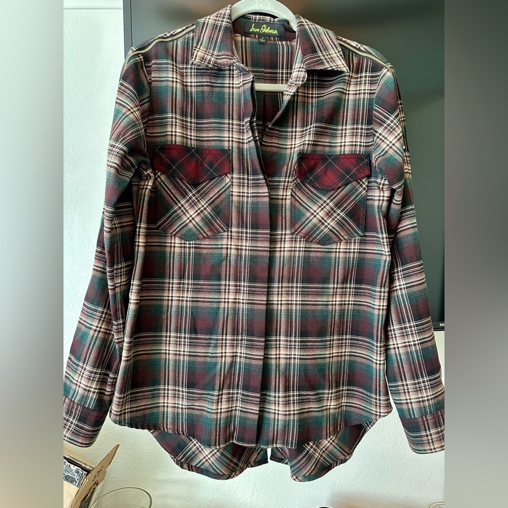 ‘Sam Edelman’ Riley Plaid Zip-Shoulder Button-Up Top for sale!